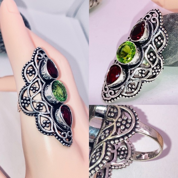 Garnet Peridot Gemstone Handmade Shield Armor Ring - Picture 3 of 5
